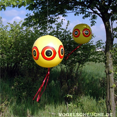 Zwei gelbe Vogelscheuch-Ballons mit Greifvogelaugen-Aufdruck und rot glitzernden Streifenschwänzen hängen zur Vogelabwehr am Rand einer Hecke.